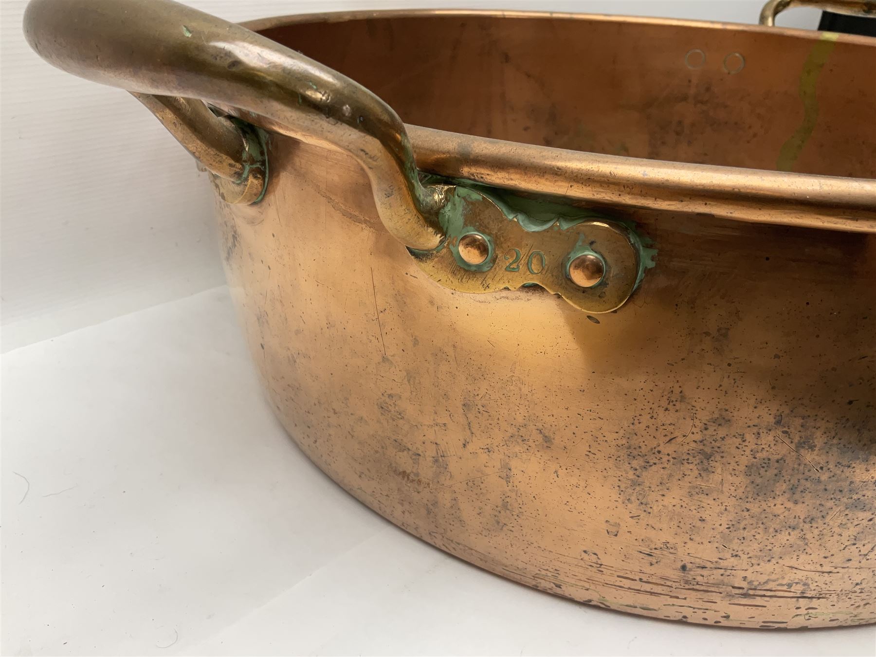 Large Victorian copper twin handled jam or preserve pan, not including handles H18cm D53cm