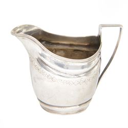 George III silver cream jug, of helmet form with angular handle, engraved with initial to ...