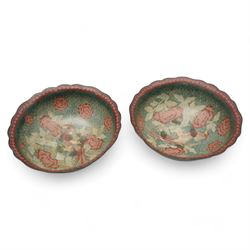 Pair of large 19th century Chinese cloisonné bowls, each decorated with birds and budding ...