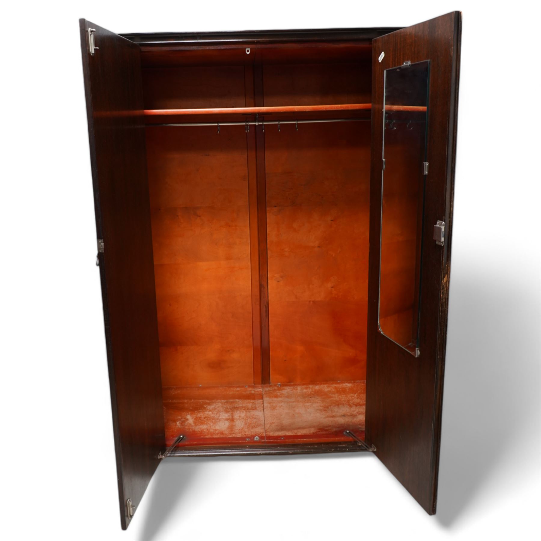 Mid-20th century figured walnut double wardrobe (W126cm, H189cm, D56cm); matching dressing table (W110cm, H153cm); with chair and stool