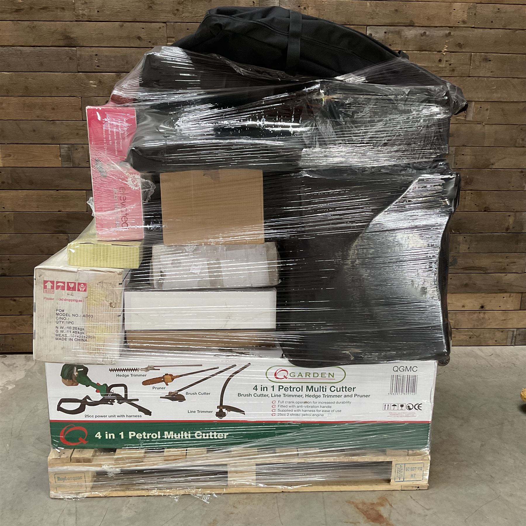 Four pallets of domestic goods to include, cleaning equipment, vacuums, exercise equipment, cooking items, Brother printer, garden loungers, irons and more… approx. 60 items