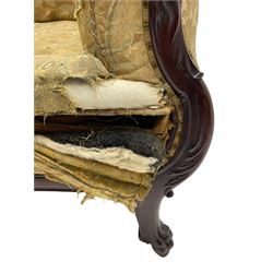 19th century mahogany settee, rolled S-scrolled arms carved with lion masks and acanthus leaf scrolls, the lower moulded rail carved with scrolling design, raised on carved paw feet with recessed brass and ceramic castors 