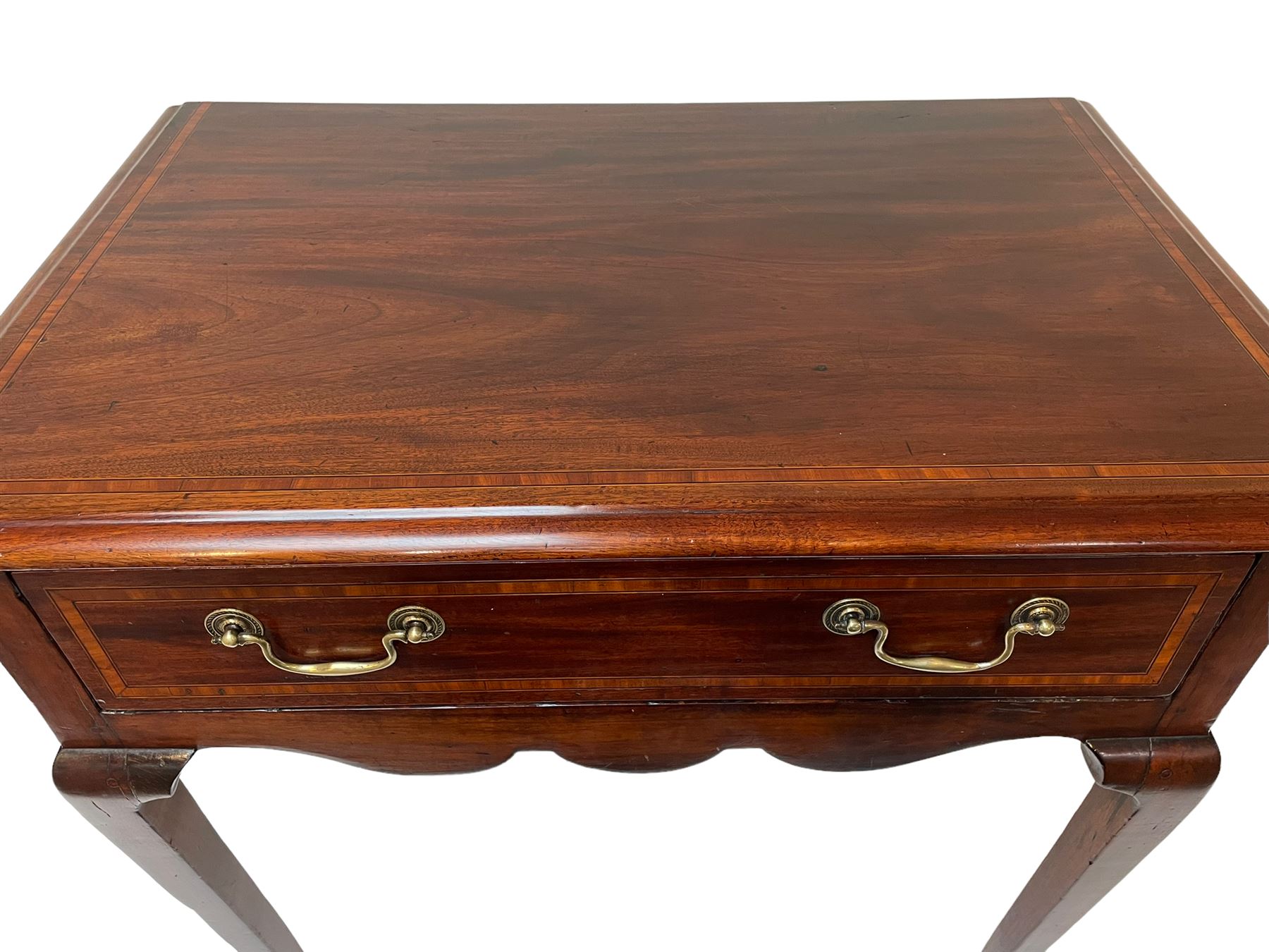 18th century and later inlaid mahogany and fruitwood low-boy, the moulded rectangular top with satinwood band, shaped frieze fitted with single drawer, on cabriole supports with angular feet