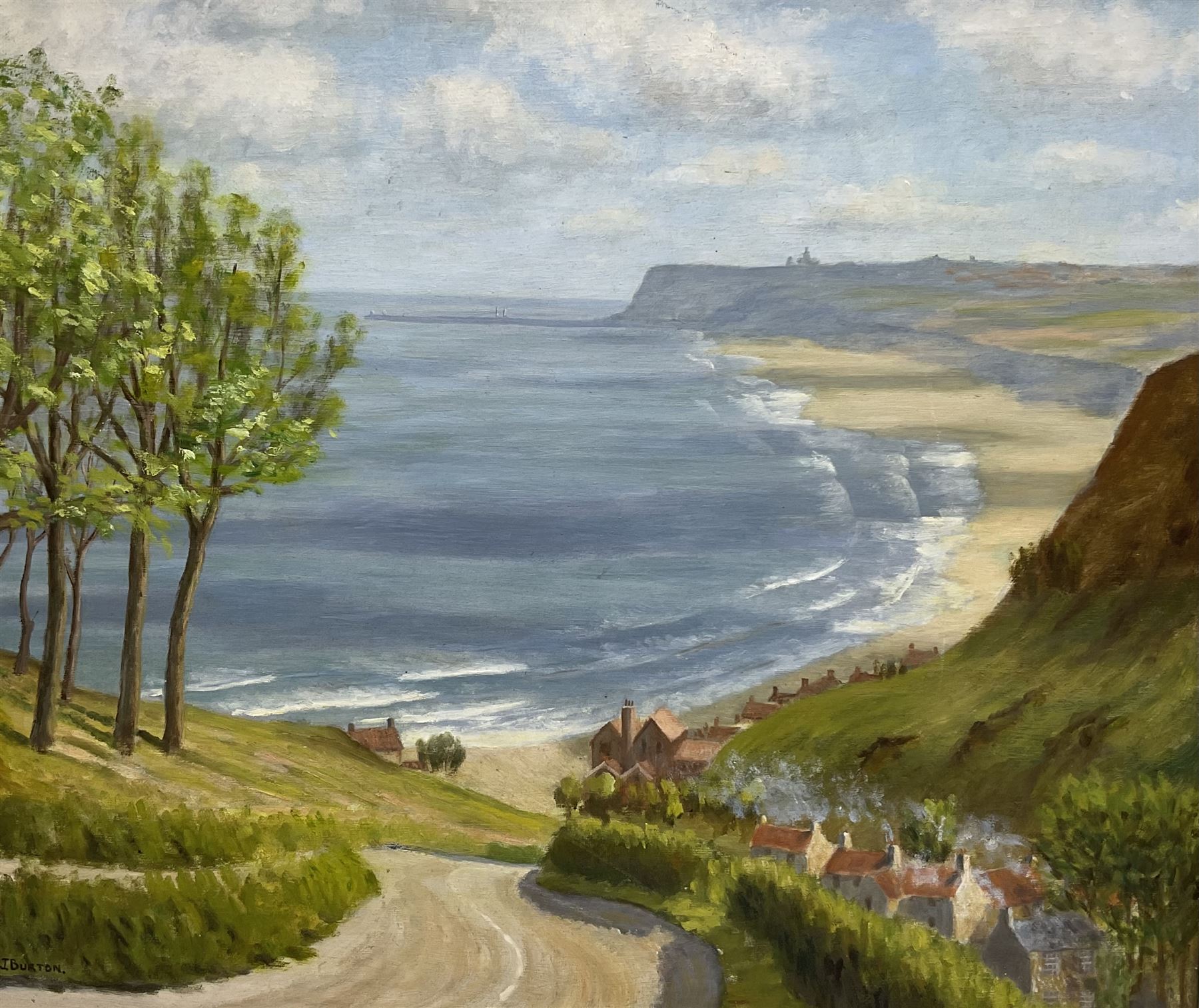 John Burton (Northern British 20th century): 'Lythe Bank Sandsend' Whitby, oil on board signed, artist address label verso 58cm x 68cm