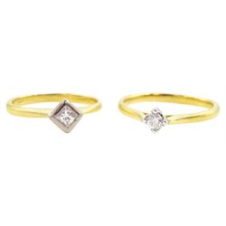 Gold single stone princess cut diamond ring, diamond 0.12 carat and one other single stone round brilliant cut diamond ring, both hallmarked 18ct