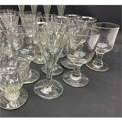 Collection of 18th century and later glassware, including set of three with twist stems and etched and fluted examples