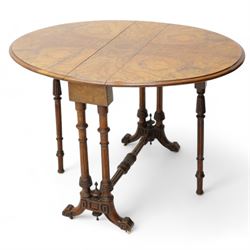 Victorian figured walnut Sutherland table, moulded oval drop-leaf top with quarter-matched...