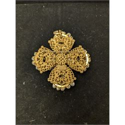 Miriam Haskell pearl and green paste gilt flower brooch, W6cm