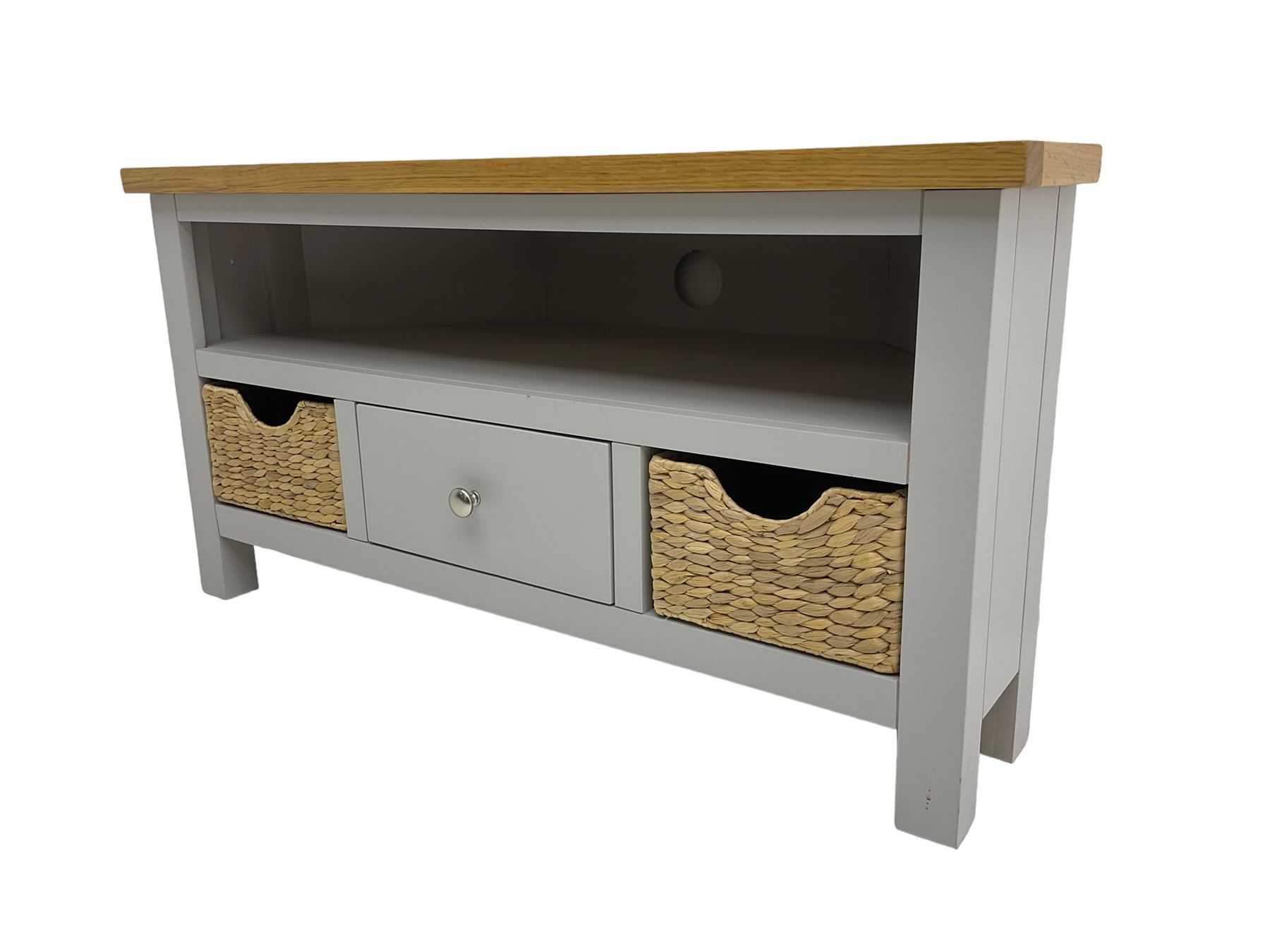 Roseland Farrow - oak and grey finish corner television stand, central drawer and two basket drawers (W100cm, H52cm, D45cm); and a matching nest of tables (51cm x40cm, H41cm)