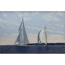 James Miller (British 1962-): Big Class Yachts 'Downwind towards the mark Tuiga and Mariquita - The Westward Cup 2010', oil on canvas signed, titled verso 49cm x 74cm 
