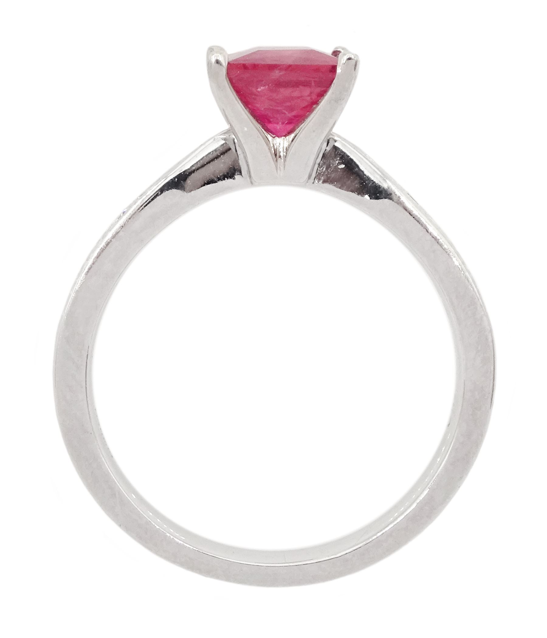 18ct white gold square cut ruby ring, with round brilliant cut diamond set shoulders, hallmarked, ruby approx 1.25 carat