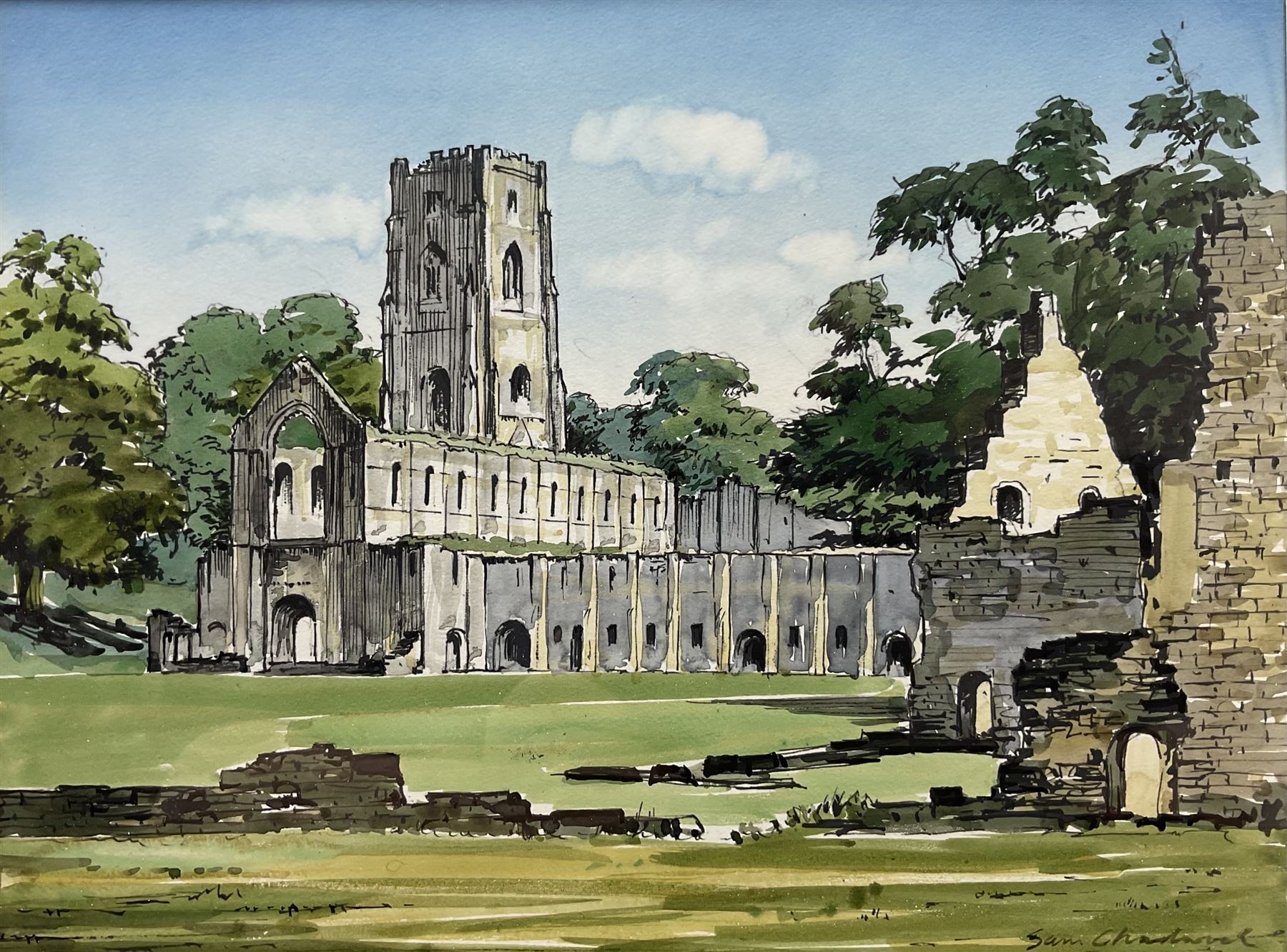 Sam Chadwick (British 1902-1992): Fountains Abbey, watercolour and ink signed 21cm x 27cm