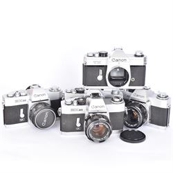 Five Canon SLR camera bodies all in silver and black finish, to include TX serial no. 144016, FX serial no. 210103, EX EE serial no. 136634 and two EX Autos, serial nos. 134020 & 157688, three with Canon 50mm 1:18 lenses