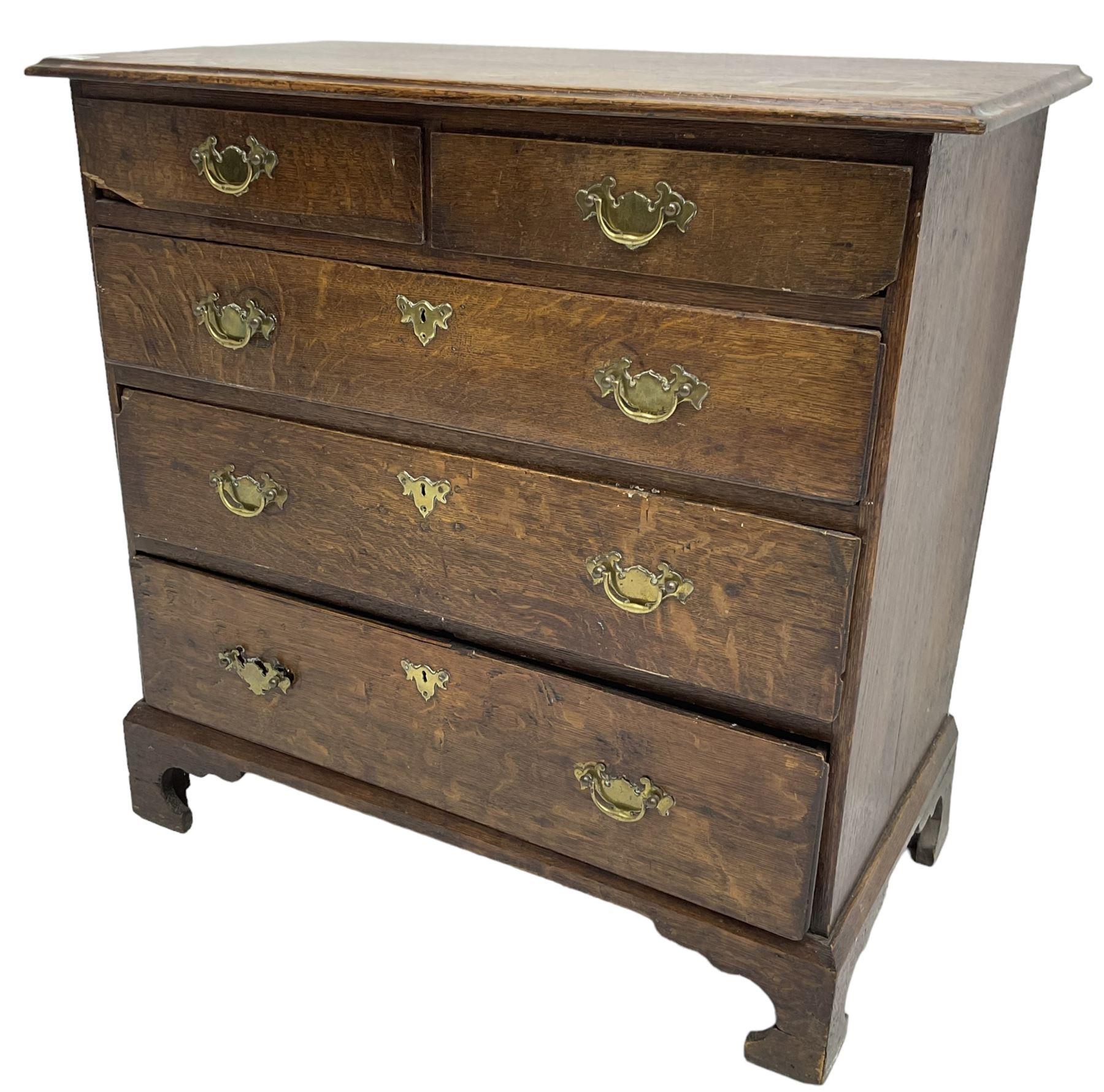 George III oak chest, moulded rectangular top over two short and three long graduating drawers, raised on bracket feet