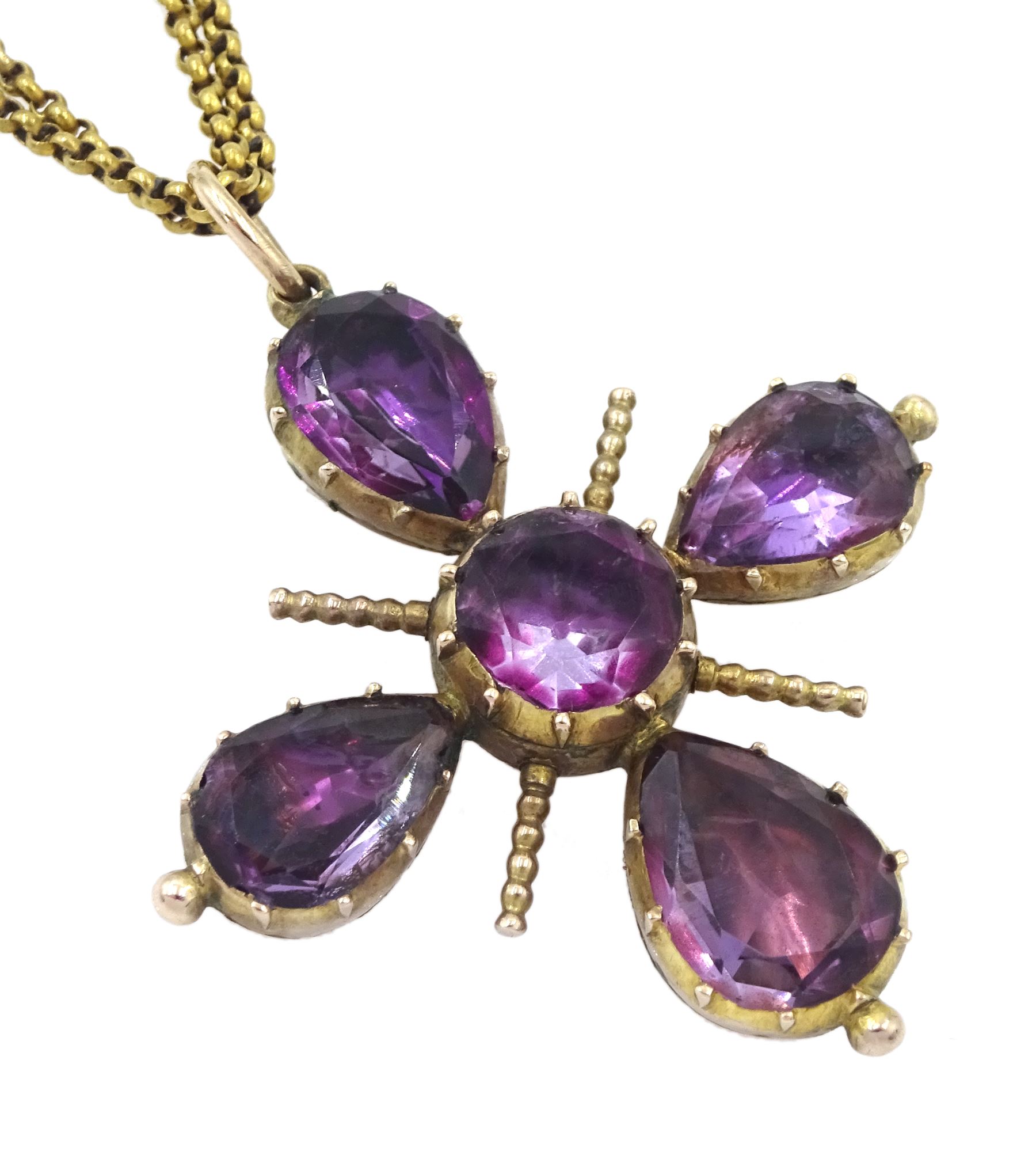 19th century gold foiled back amethyst pendant, on gold double link chain necklace, in fitted velvet and silk lined box