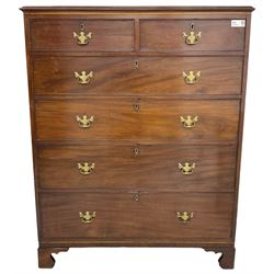 George III mahogany straight-front chest, rectangular top with reed moulded edge, fitted with two short over four long graduating cock-beaded drawers, on bracket feet