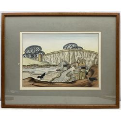 Bert Cummings (British mid 20th century): Quarry Landscape with Crows, watercolour and ink signed and dated 1960, 30cm x 43cm
