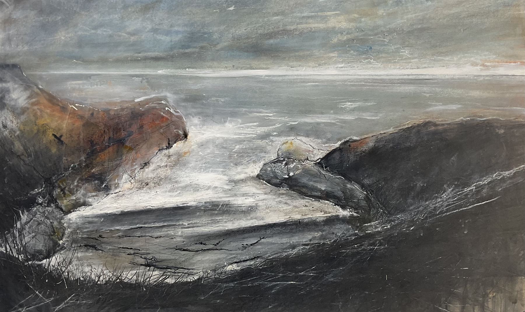 David Baumforth (British 1945-): 'Seagulls Hovering over Little Thornwick Bay Flamborough', mixed media on paper, signed titled and dated '96 on label verso 68cm x 113cm 
Provenance: with Walker Galleries, Harrogate, exhibition label verso