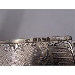 Victorian silver card case, of rectangular form with shaped edges, engine turned and floral decoration, with engraved hallmarked Nathaniel Mills, Birmingham 1845, H10cm