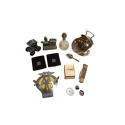 Chanel No. 5 perfume miniature, glass scent bottle, two Biba powder compacts, AA badge and other collectables