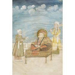 Indian School (18th/19th Century): Portrait of a Mughal Emperor - Possibly Akbar II and two others, set of three gouaches on paper unsigned, one heighted with gold pigment, later inscribed verso max 30cm x 20cm (3)