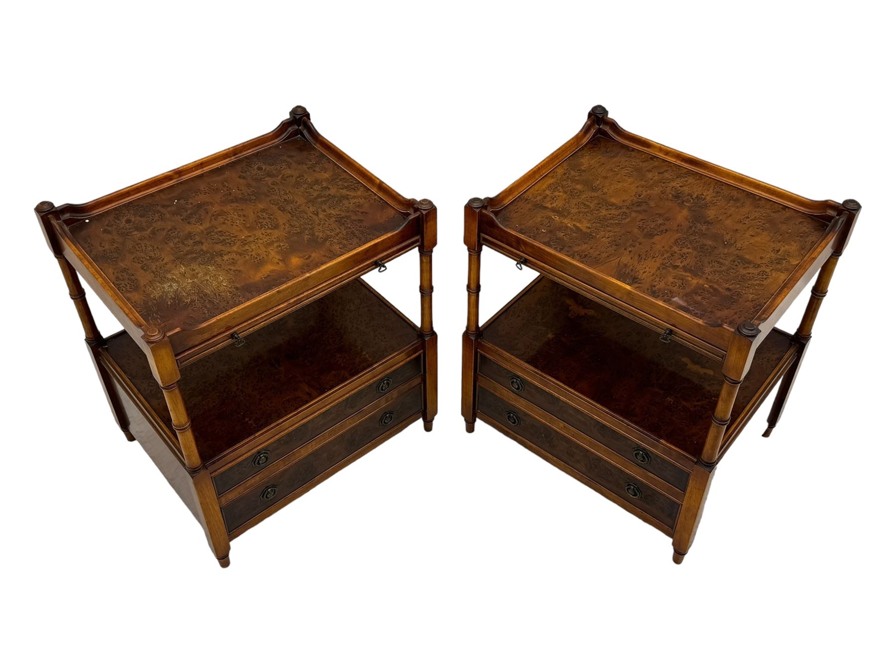 Wade - pair of Georgian design yew wood bedside or lamp tables, each with raised tray top over single shelf, the lower section fitted with two drawers with brass ring handles, raised on turned supports