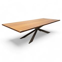 Large walnut finish dining table, rectangular top on sculptural metal base; together with ...