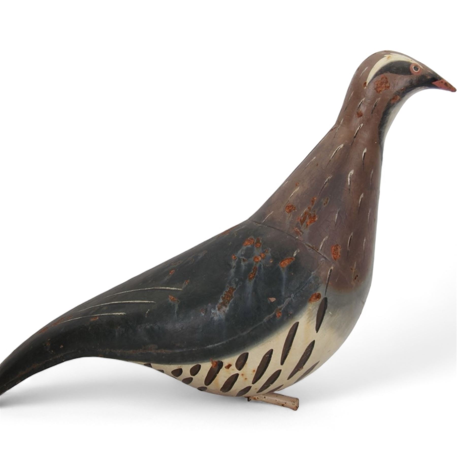 Early 20th century cold painted metal decoy bird, modelled as a Partridge, H34cm L55cm