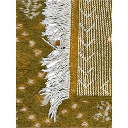 Moroccan citrine ground thick pile runner rug, the field decorated with geometric design and interspersed tribal motifs, enclosed by a chevron pattern guard band