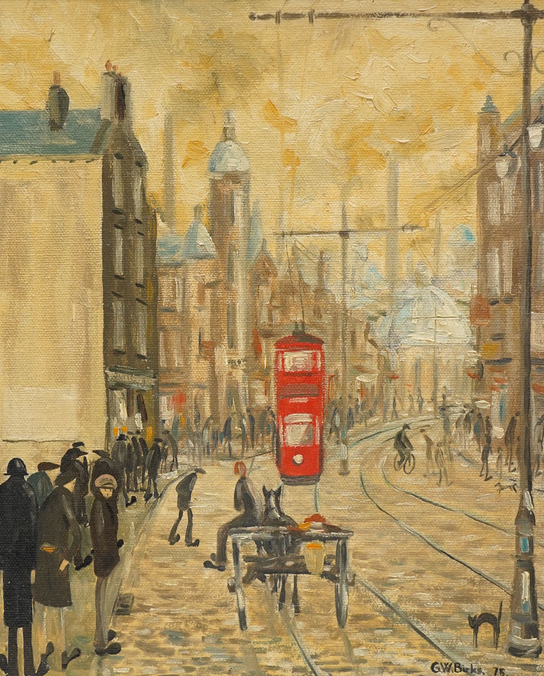 Geoffrey Woolsey Birks (Northern British 1929-1993): 'Town Tram Lines' Leeds, oil on canvas signed and dated '75, titled verso 30cm x 25cm