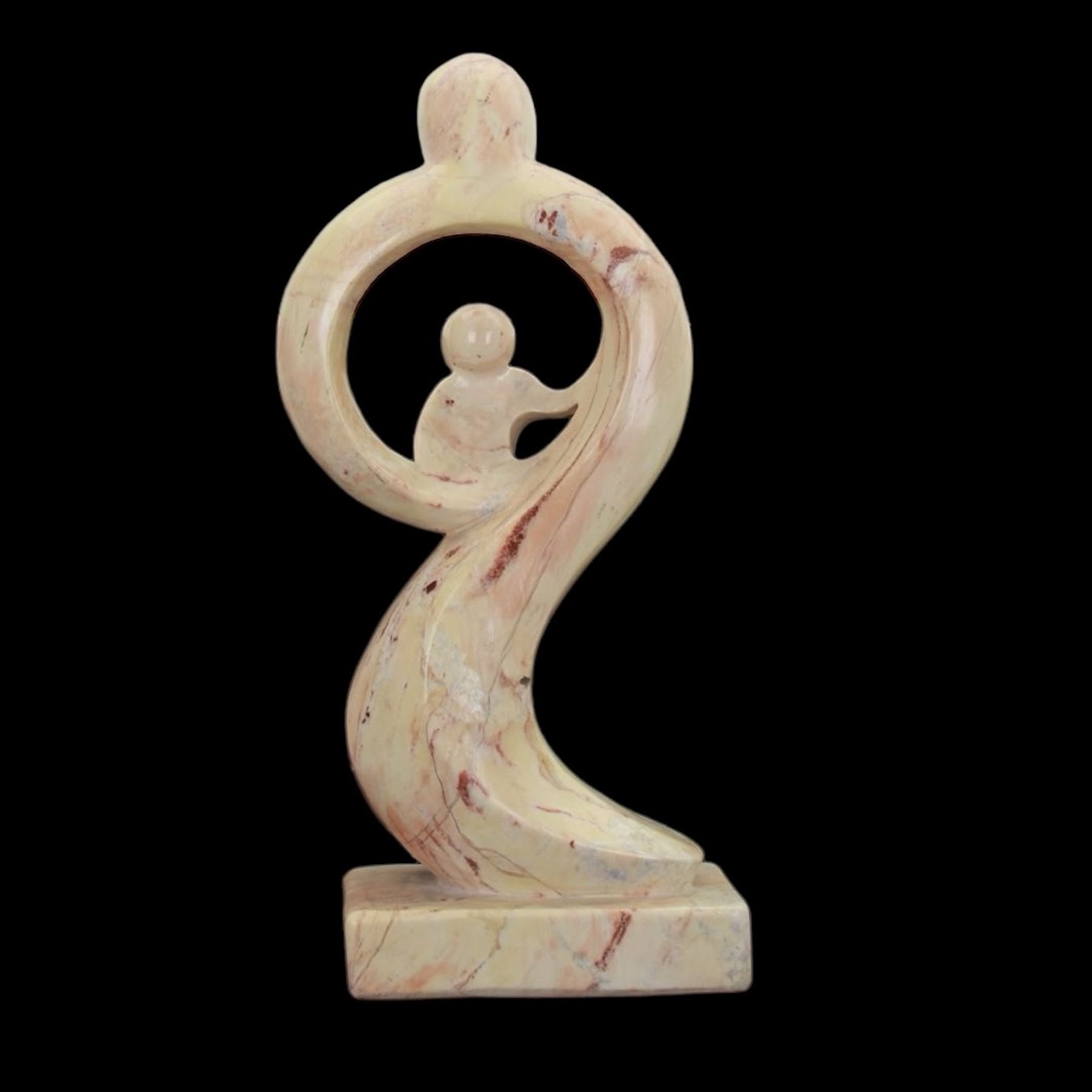 Abstract marble sculpture modelled as a mother and child on a rectangular base, H62cm