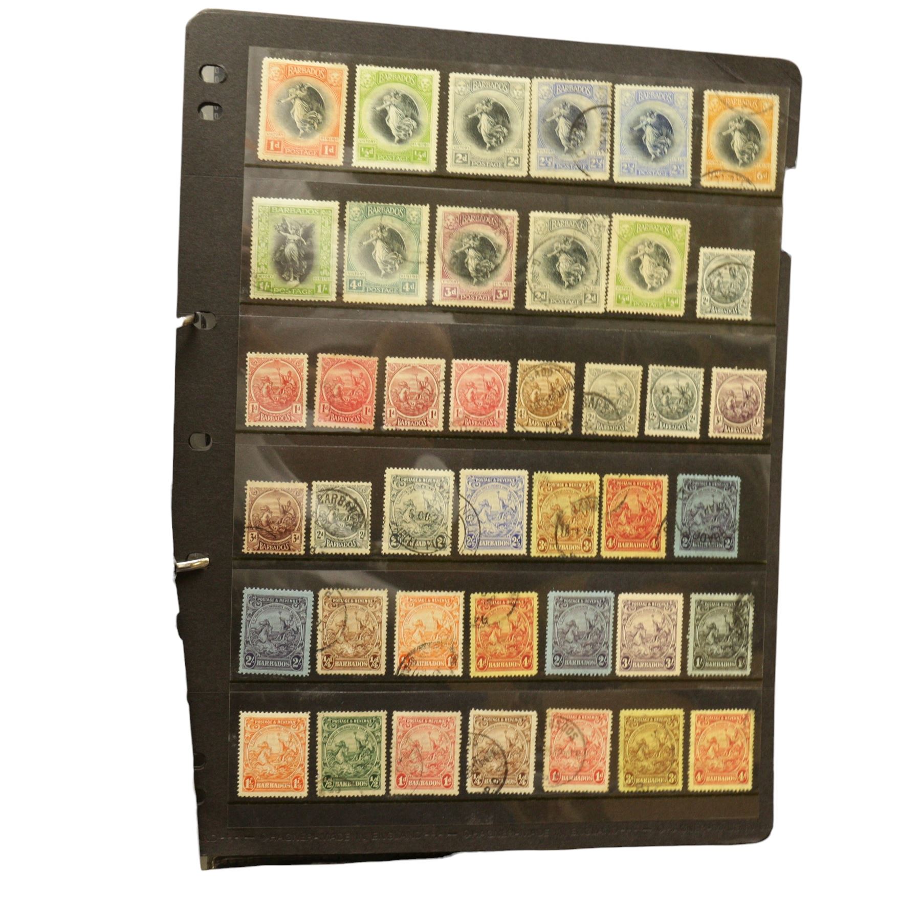 Barbados - Britannias, Jubilee values to eight pence, Nelson and Victory values to one shilling, King George V seal types to three shillings, postal history with seventeen being Queen Victoria and fourteen various covers or cards, housed on hagner pages in a ring binder folder