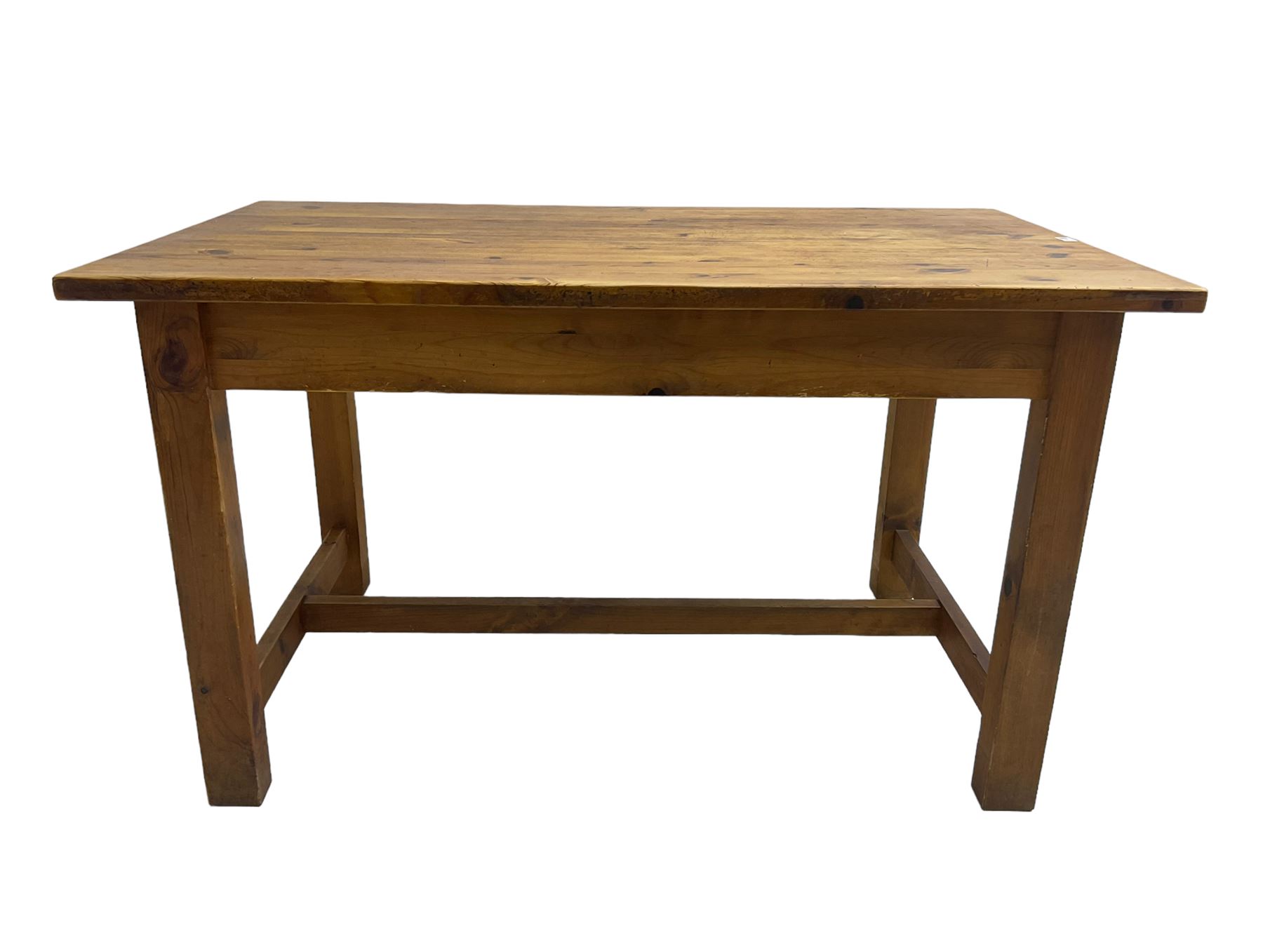 Traditional waxed pine kitchen or dining table, rectangular top over square supports united by H-stretcher