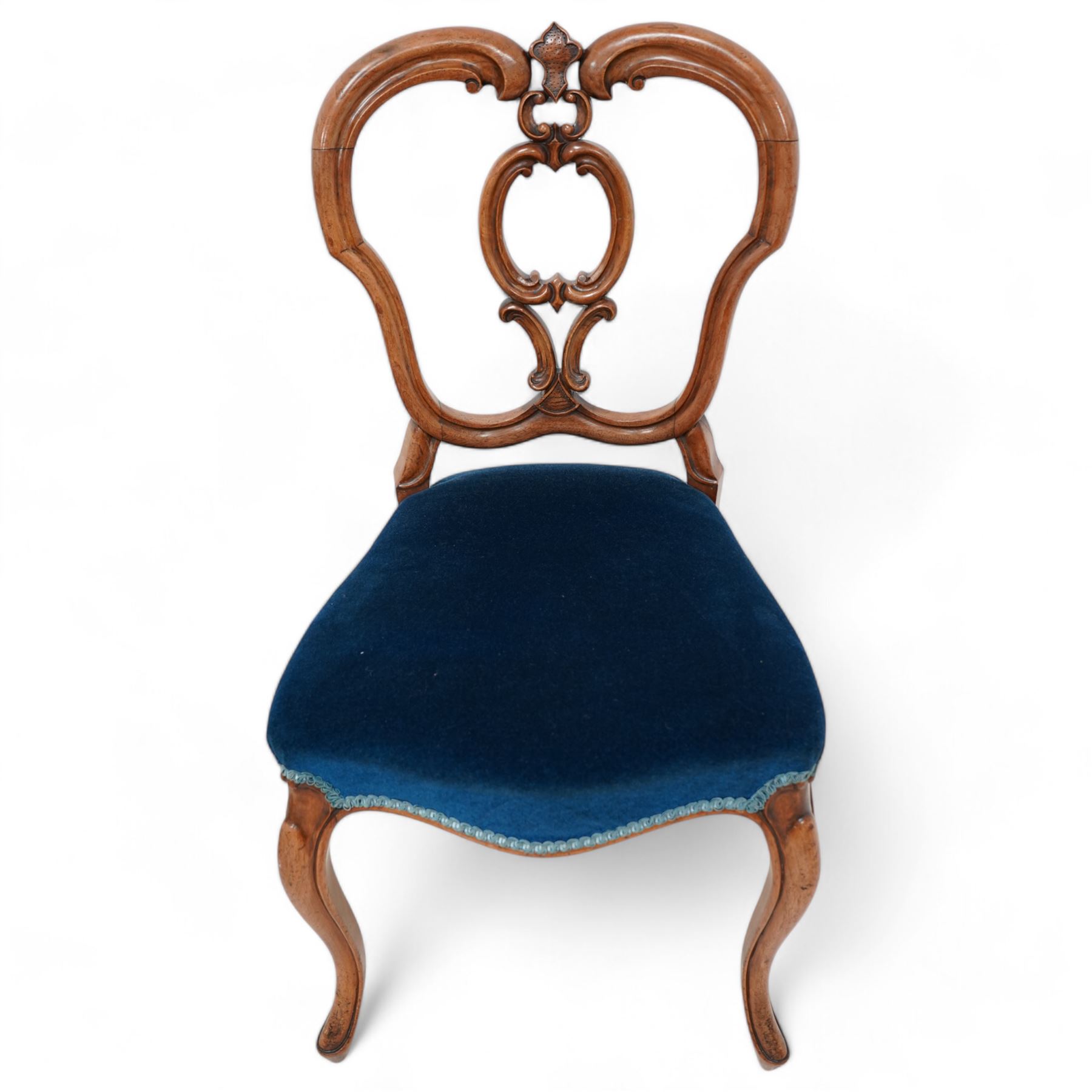 Set of six Victorian carved walnut dining chairs, shaped cresting rail over C-scroll splat back, upholstered in blue velvet, on cabriole supports 