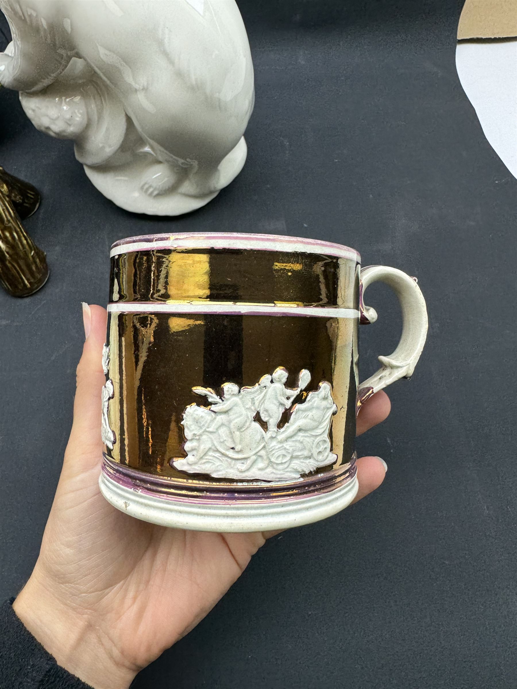 19th century Sunderland Lustre cup, together with Wedgwood plate decorated with floral sprigs, vase in the form of a tree trunk and other ceramics 