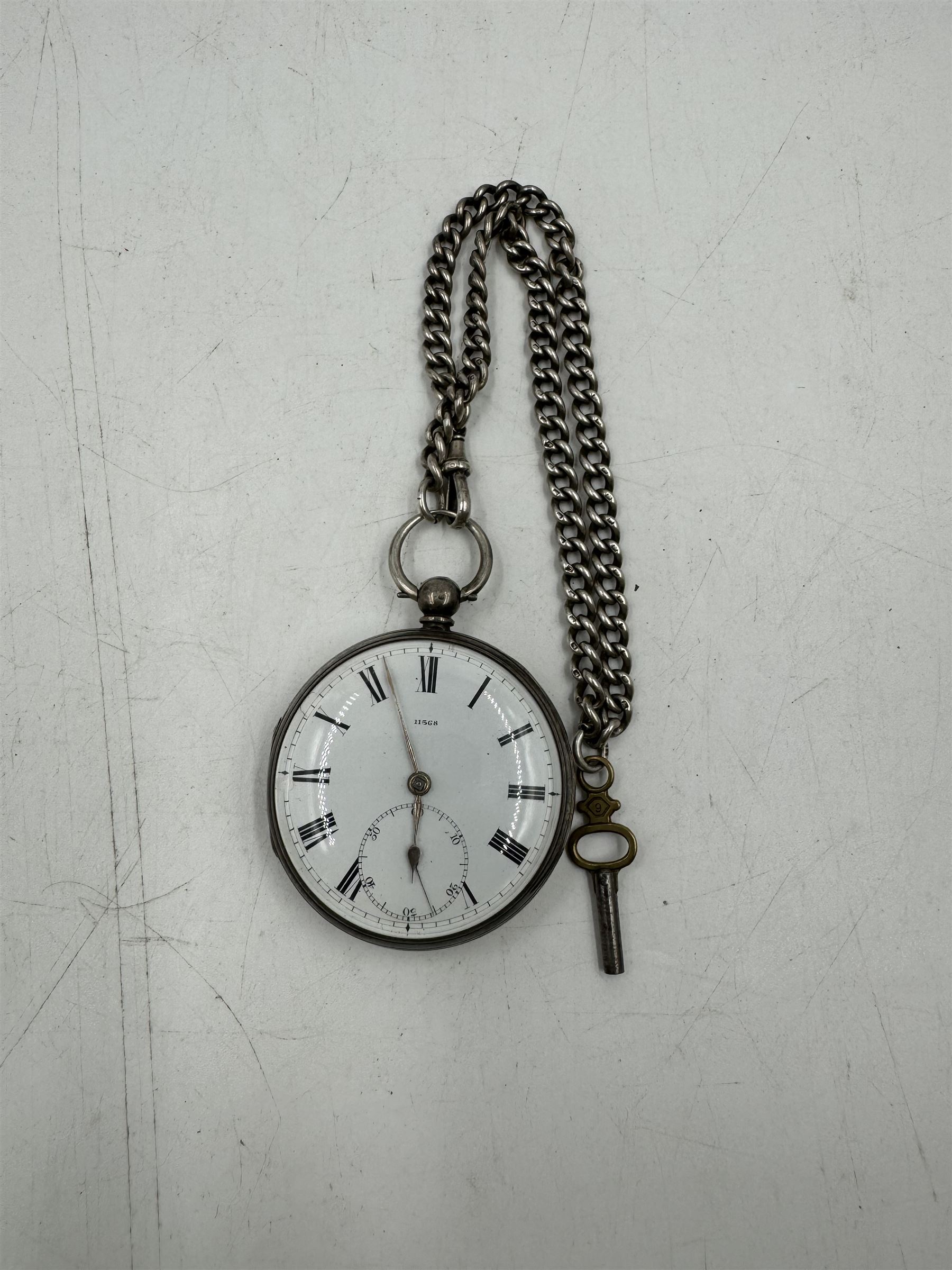 Victorian silver open faced lever pocket watch, the white dial with black Roman numerals and a subsidiary seconds dial, numbered 11368, case hallmarked Joseph Hirst, London 1925, with hallmarked silver watch chain