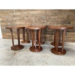 Six walnut circular bar or bedroom occasional tables