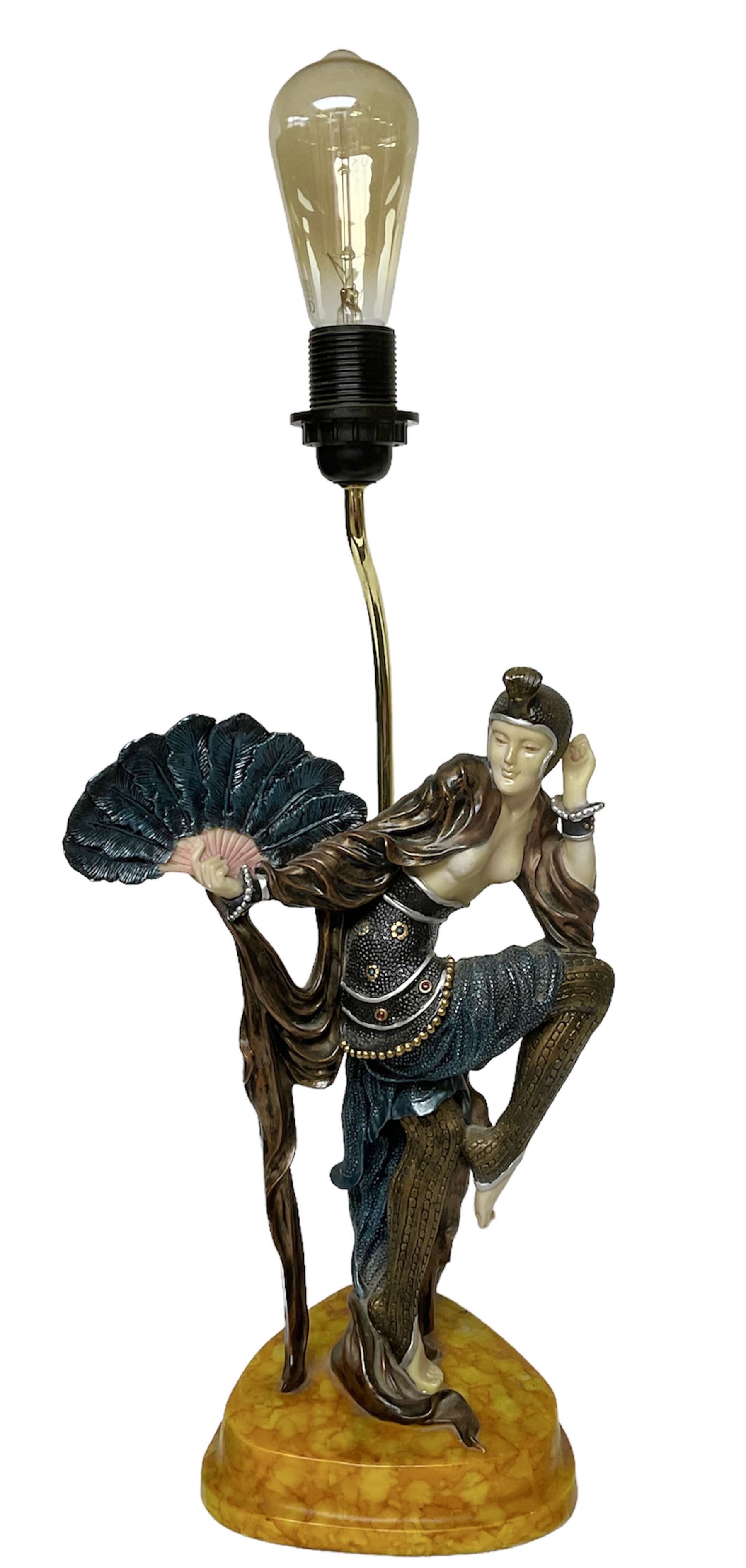 Art Deco style figural table lamp, modelled as a dancer upon an orange marbled base, H63.5cm