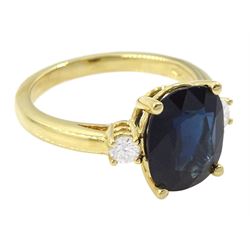 18ct gold three stone sapphire and round brilliant cut diamond ring, hallmarked, sapphire approx 3.95 carat