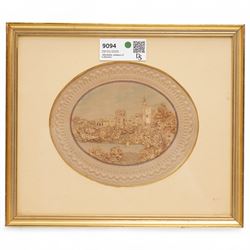 Victorian cork picture, possibly Osborne House in oval mount, framed 17cm x 19cm