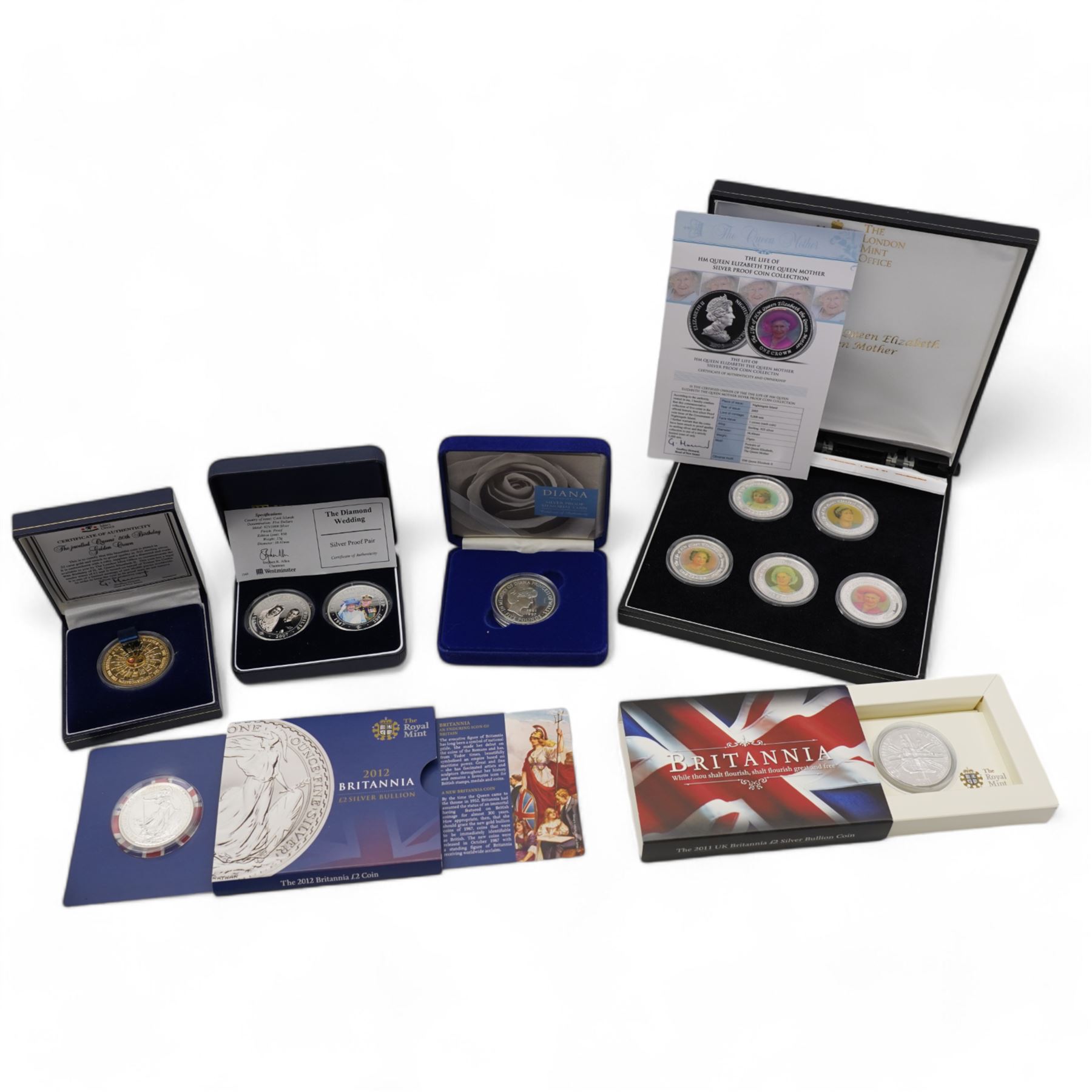 Six silver coins or sets, comprising 1999 'Diana' five pounds, Nightingale Island 2005 'The Life of HM Queen Elizabeth The Queen Mother' five coin set, Tristan Da Cunha 2006 five pounds, Cook Islands 2007 'The Diamond Wedding' coin pair, 2011 one ounce fine silver Britannia and 2012 one ounce fine silver Britannia, all cased or on cards