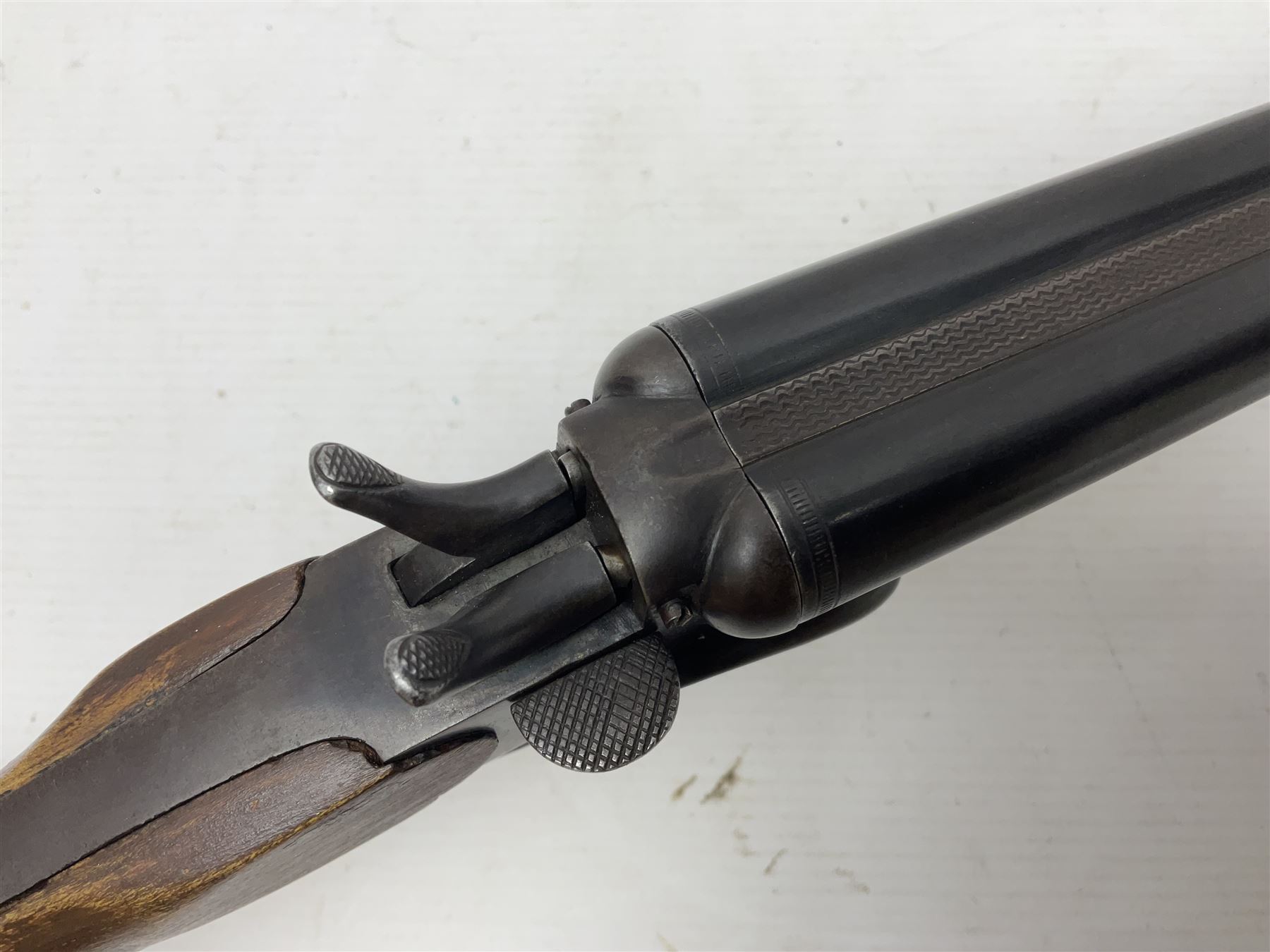 REGISTERED FIREARMS DEALER ONLY AS ONE BARREL OUT-OF-PROOF -  – Belgian .410 folding side-by-side double barrel hammer shotgun with 66cm(26