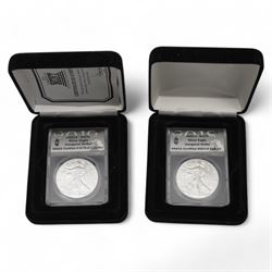 Two United States of America one ounce fine silver inaugural strike one dollar coins dated 2018, 2019 and a Westminster set 'American Firsts Collection' comprising six coins