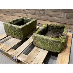 Two small 19th century rectangular stone troughs (W57cm, D42cm, H21cm & W54cm, D40cm, H25cm)