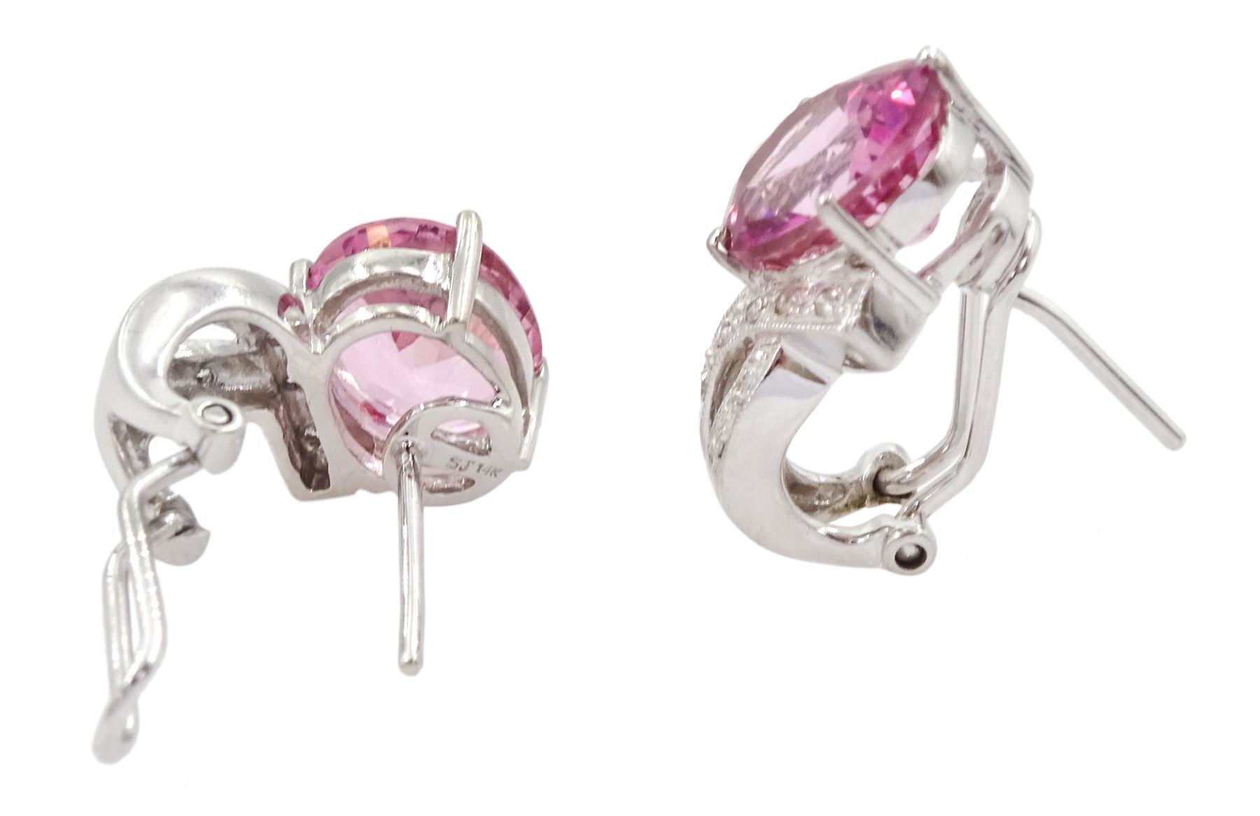 Pair of 14ct white gold oval pink sapphire and round brilliant cut diamond pendant stud earrings, stamped