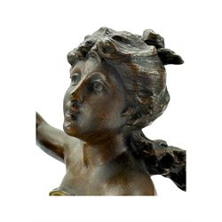 After L & F Moreau - Spelter table lamp in the form of a female figure next to a pedestal on circular naturalistic base H55cm