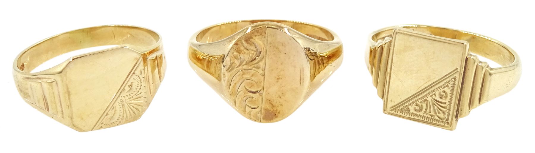 Three 9ct gold signet rings, hallmarked