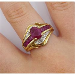 Gold ruby and diamond cluster ring, stamped 10K