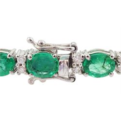 18ct white gold oval cut emerald and round brilliant cut diamond bracelet, stamped, total emerald weight approx 8.15 carat