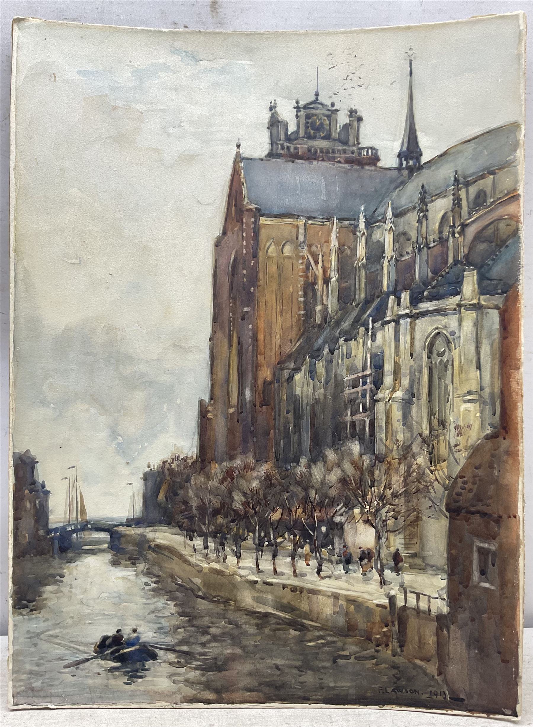 Frederick (Fred) Lawson (British 1888-1968): 'The Old Church at Dordrecht', watercolour signed and dated 1913, titled verso 55cm x 41cm (unframed)